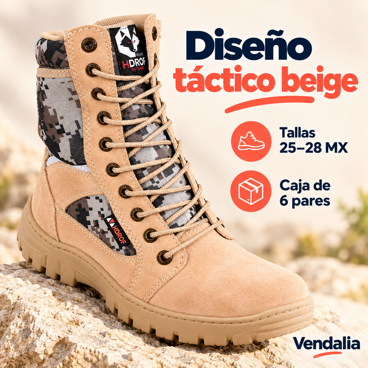 Diseño táctico beige · presentación Vendalia · SKU 54402