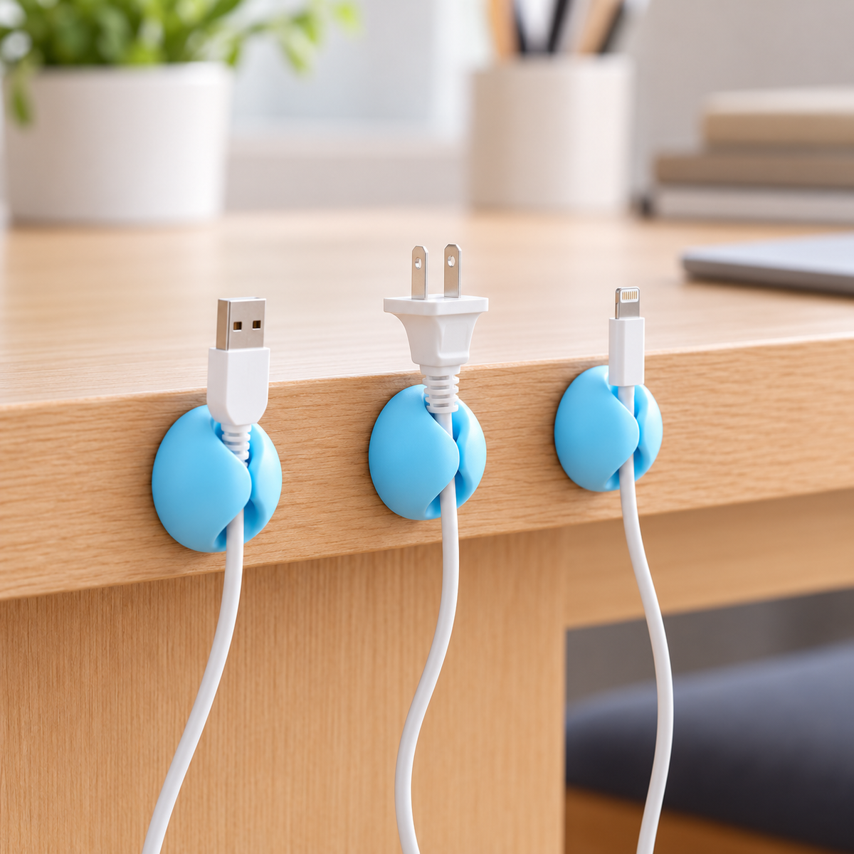 Ejemplo de uso de tres clips azules sujetando cables en un escritorio; cables no incluidos.