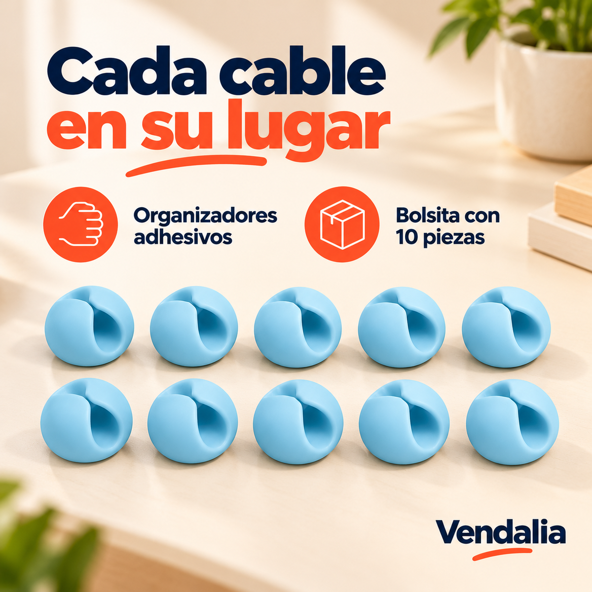 Bolsita de diez organizadores adhesivos azules para cables.