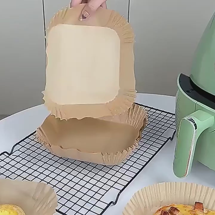 Demostración de moldes de papel para freidora de aire; accesorios no incluidos.