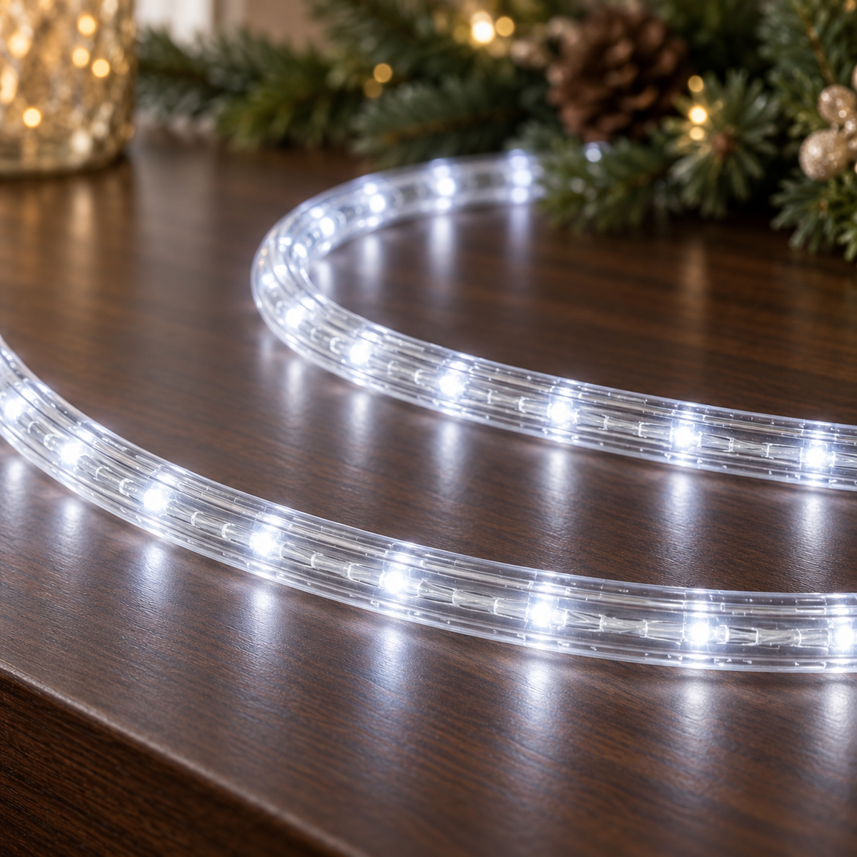 Manguera Navideña LED Blanca de 10 Metros en ambiente de hogar — Vendalia. Producto de saldo. Fotografía de detalle de un tramo de la manguera LED blanca de 10 metros; no muestra la longitud completa ni sus conexiones.