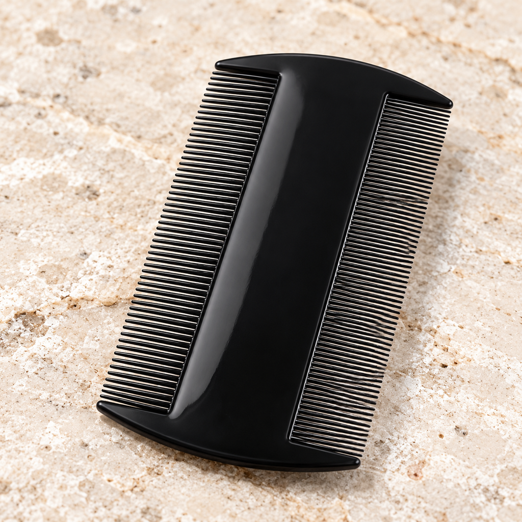 Detalle de los dientes y agarre liso del peine negro