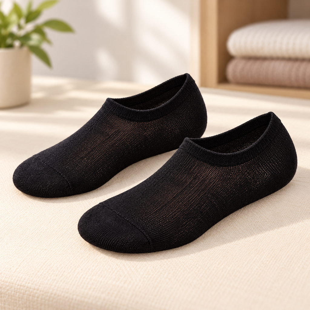 Calcetines invisibles negros SHIRLEY · Caja de 10 pares. Fotografía del modelo en ambiente Vendalia.