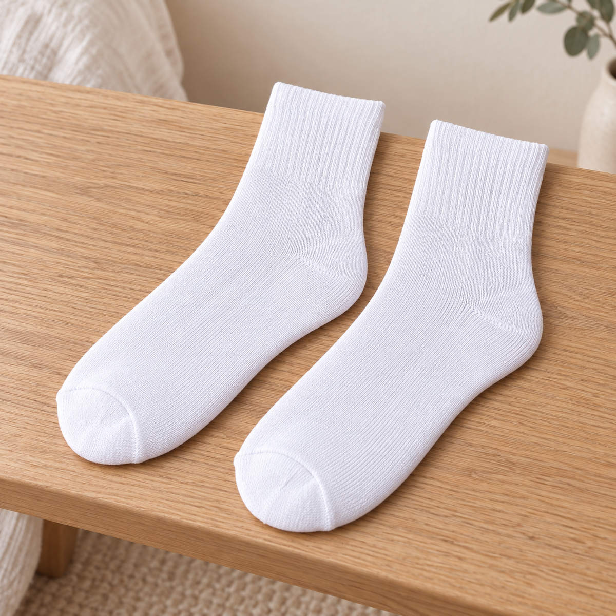 Calcetas blancas clásicas unisex SHIRLEY · Caja de 10 pares; foto de muestra del diseño en ambiente Vendalia