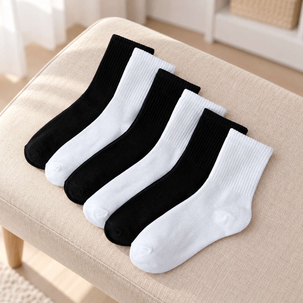 Calcetín largo unisex blanco y negro SHIRLEY · Caja de 10 pares. Vista de muestra; presentación según ficha.