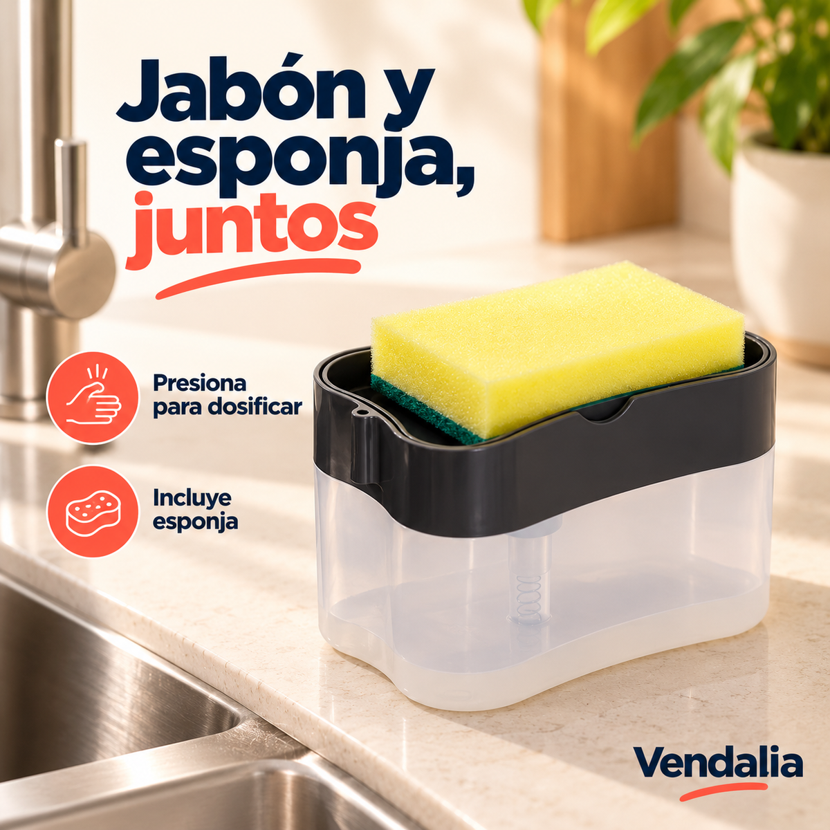 Dispensador de jabón con esponja · acabado negro y translúcido · Vendalia