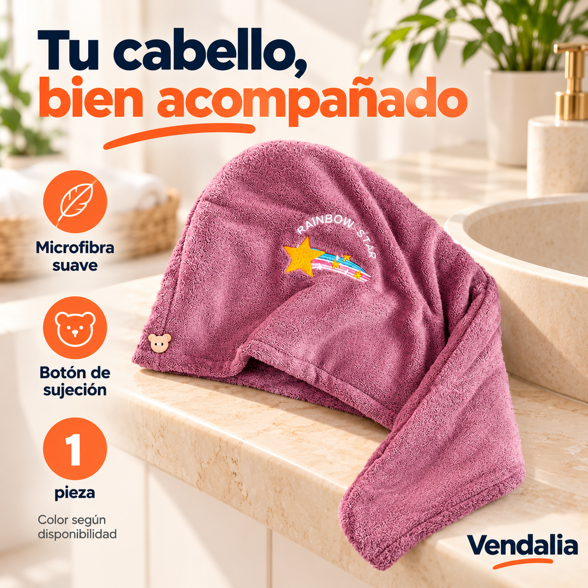 Toalla turbante de microfibra con bordado y botón · Vendalia