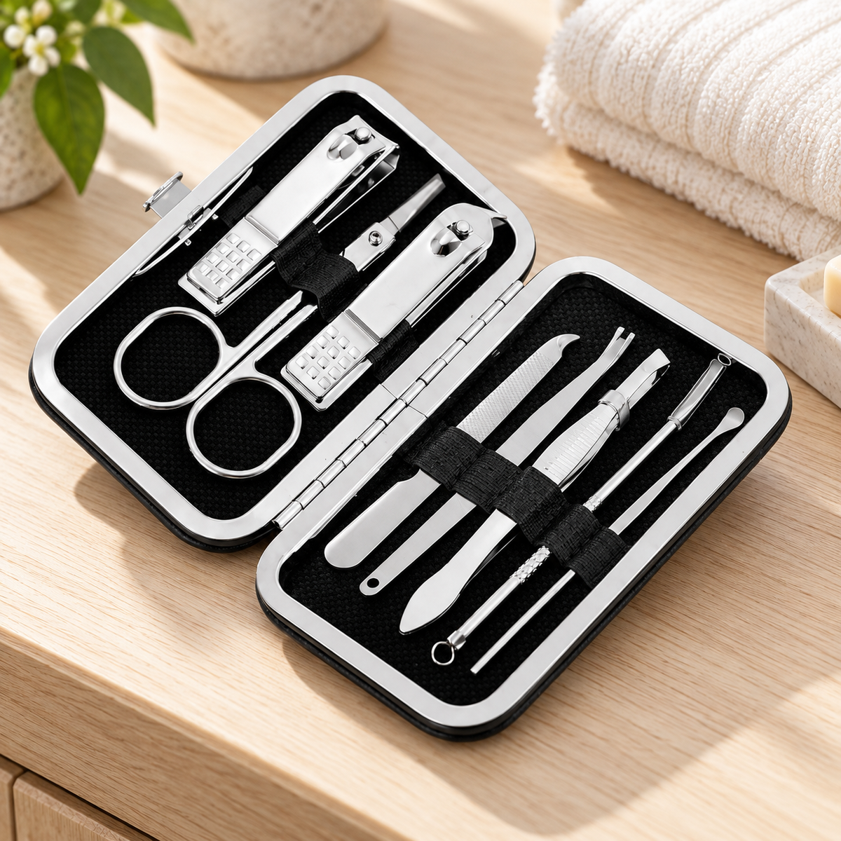Kit de manicura de acero inoxidable en ambiente de hogar — Vendalia
