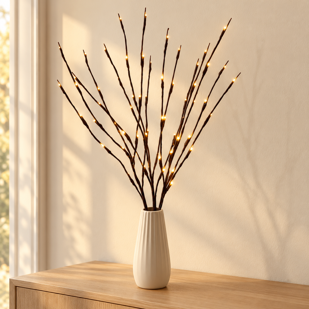 Rama decorativa con luces LED cálidas en ambiente de hogar — Vendalia. El florero se usa para ilustrar la decoración y no está incluido. Las pilas no están incluidas.