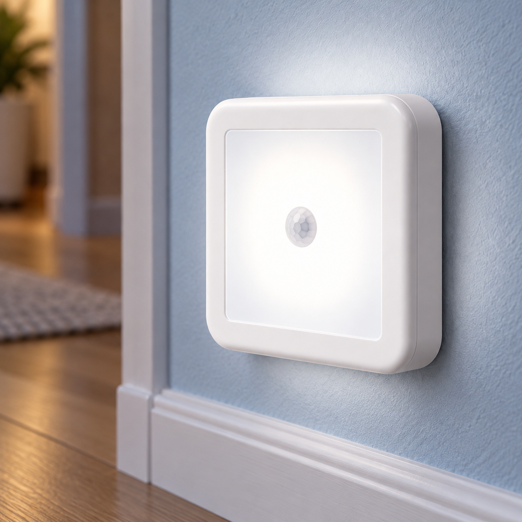 Luz Nocturna Cuadrada LED con Sensor en ambiente de hogar — Vendalia