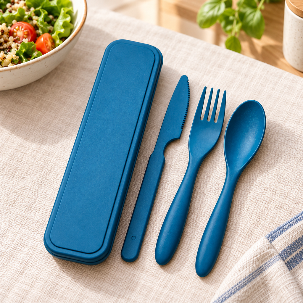 Juego de cubiertos portátiles azul en ambiente de hogar — Vendalia