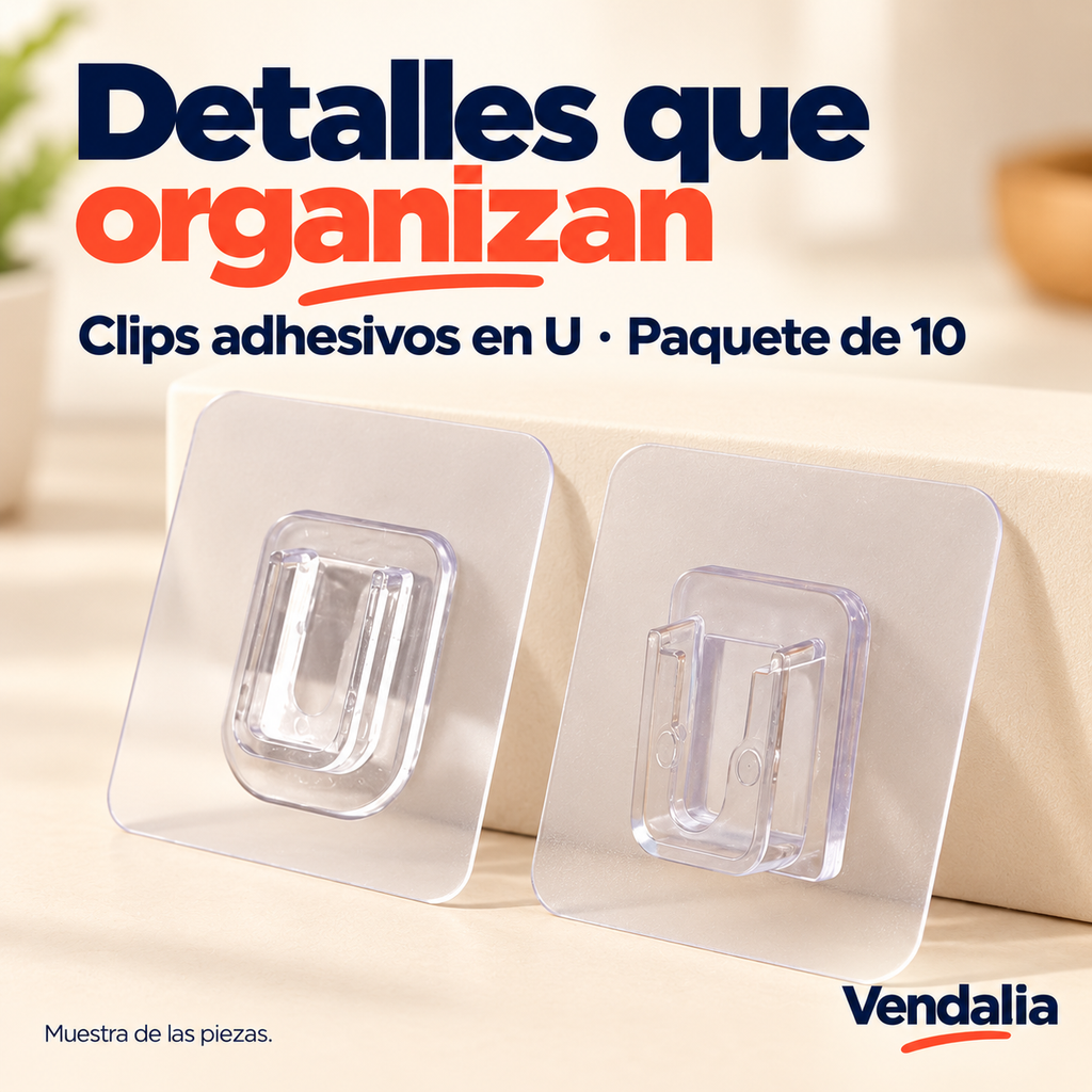 Clips adhesivos transparentes en U, paquete de diez — Vendalia