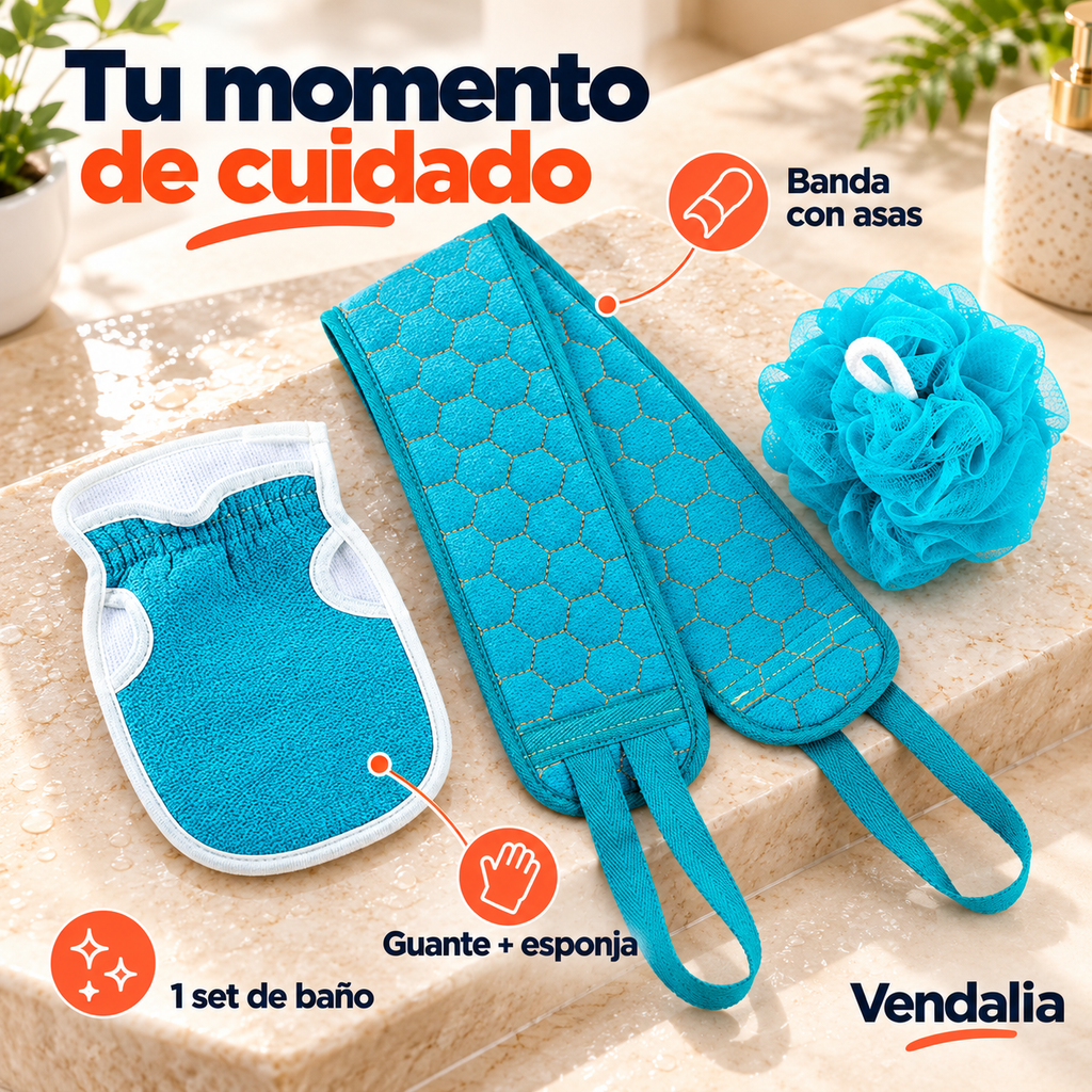 Set de baño turquesa con banda, guante y esponja — portada Vendalia
