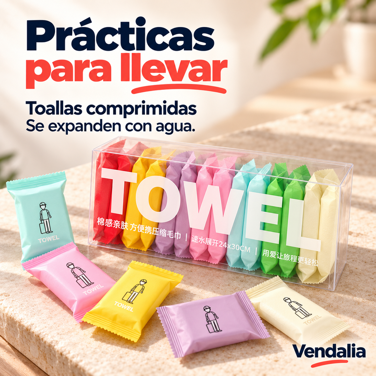 Toallas comprimidas blancas, empaque surtido; contenido ilustrativo — portada Vendalia
