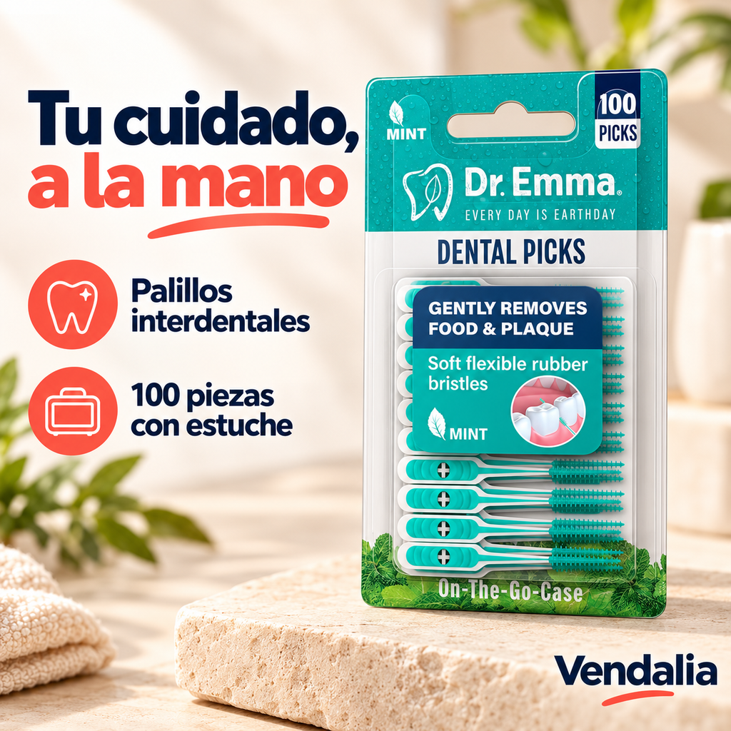 Palillos interdentales Dr. Emma, paquete de 100 con estuche — portada Vendalia