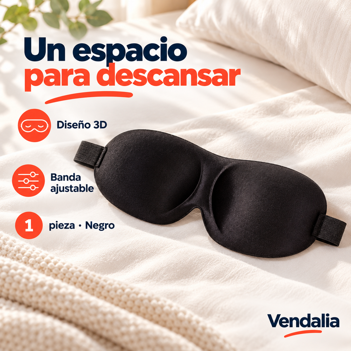 Antifaz negro para dormir con diseño 3D — portada Vendalia