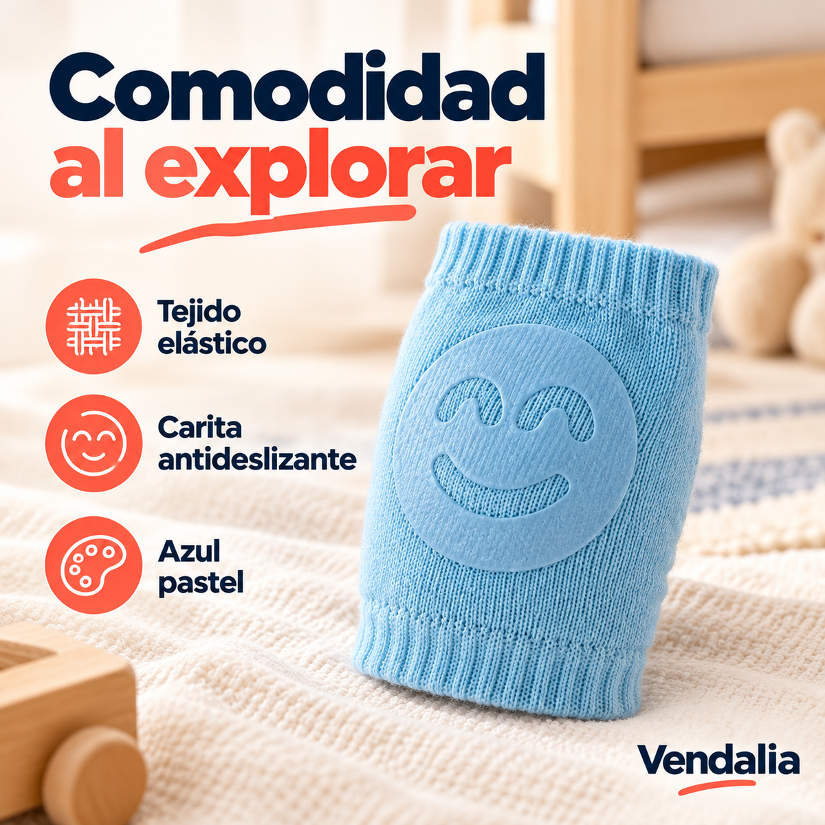 Rodillera azul pastel con carita de silicona — portada Vendalia