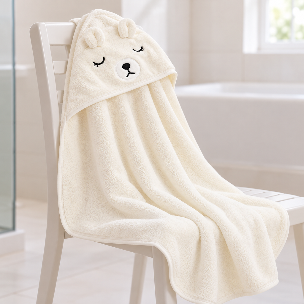 Toalla marfil con capucha de osito extendida en ambiente de baño