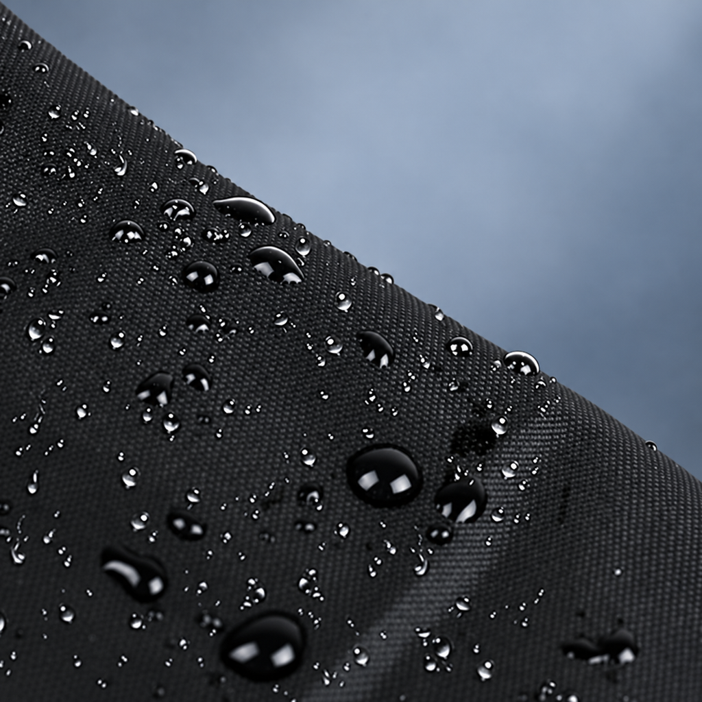 Detalle del material negro del impermeable con gotas de agua — Vendalia
