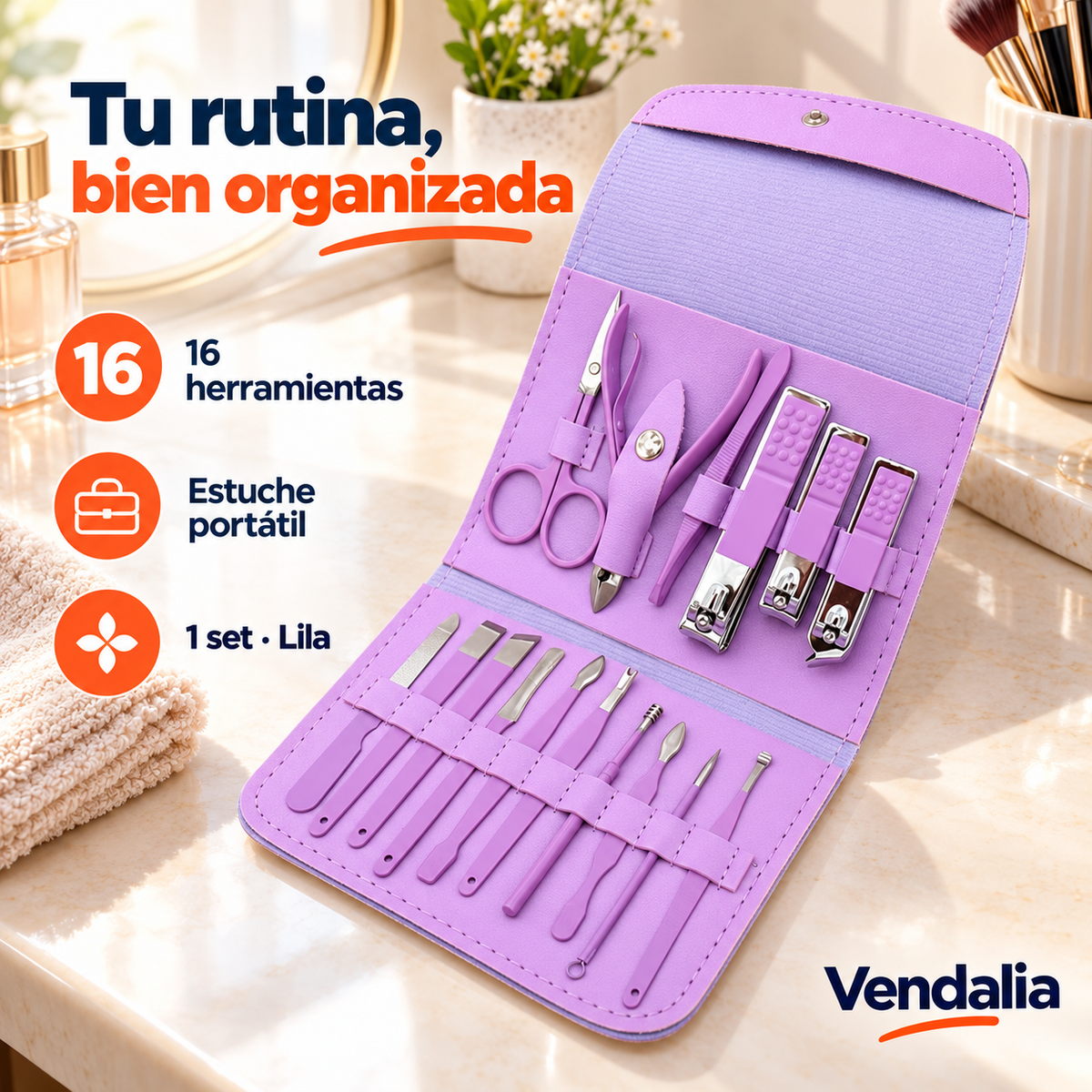 Set lila de manicura de 16 herramientas · Vendalia