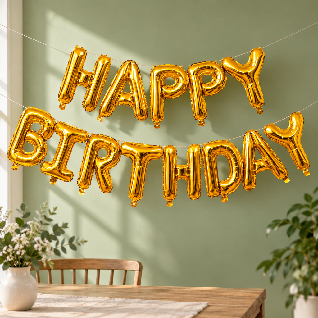 Globos Metálicos “Happy Birthday” en ambiente de hogar — Vendalia