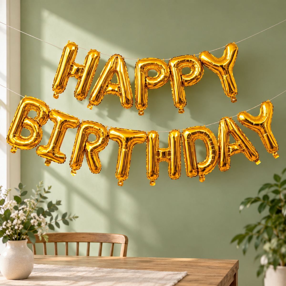 Globos Metálicos “Happy Birthday” en ambiente de hogar — Vendalia