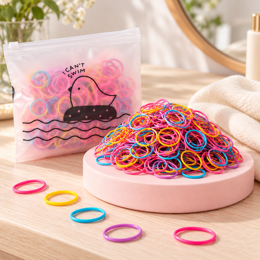 Ligas Gruesas de Colores para Cabello en ambiente de hogar — Vendalia. La fotografía muestra el contenido y la bolsa del producto con fines ilustrativos; corresponde a una bolsa. Los elementos de ambientación no están incluidos.