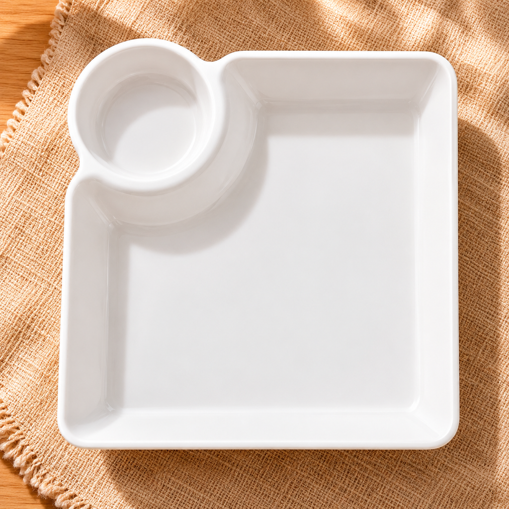 Plato blanco con compartimento para salsas — vista de detalle y uso