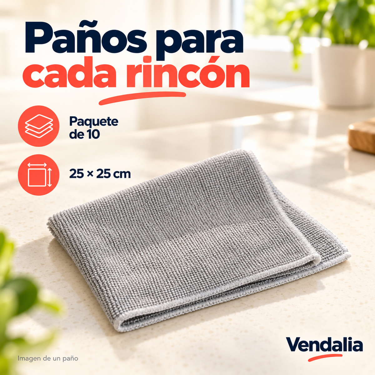 Paños de microfibra grises de 25 × 25 cm · paquete de 10 · Vendalia