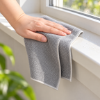 Paño gris de microfibra en uso sobre un marco de ventana · Vendalia