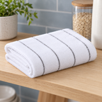 Paños de Cocina Rayados de Microfibra Gris y Blanco en ambiente de hogar — Vendalia. La fotografía muestra el detalle del diseño blanco con rayas grises.