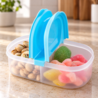 Organizador con tapa abatible abierta; alimentos ilustrativos no incluidos