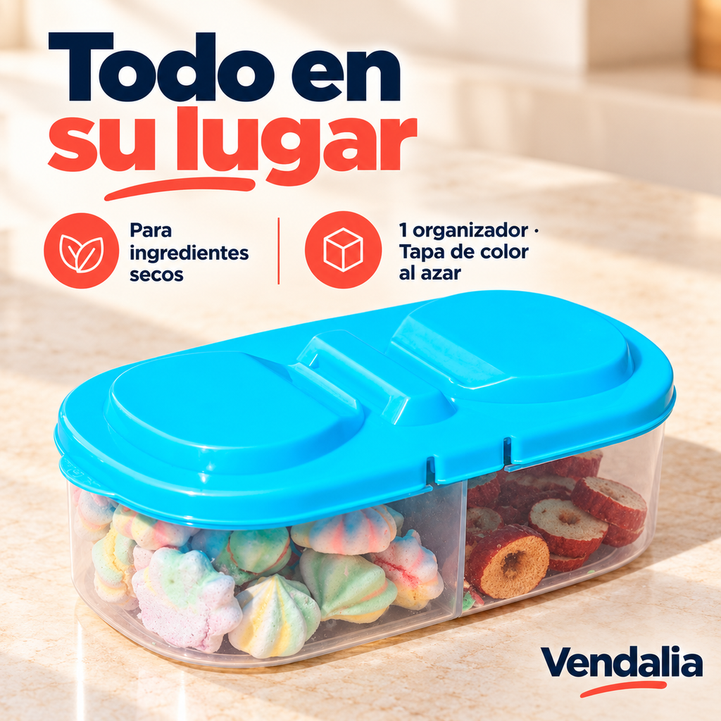 Organizador plástico con divisiones y tapa; una pieza, color al azar — Vendalia