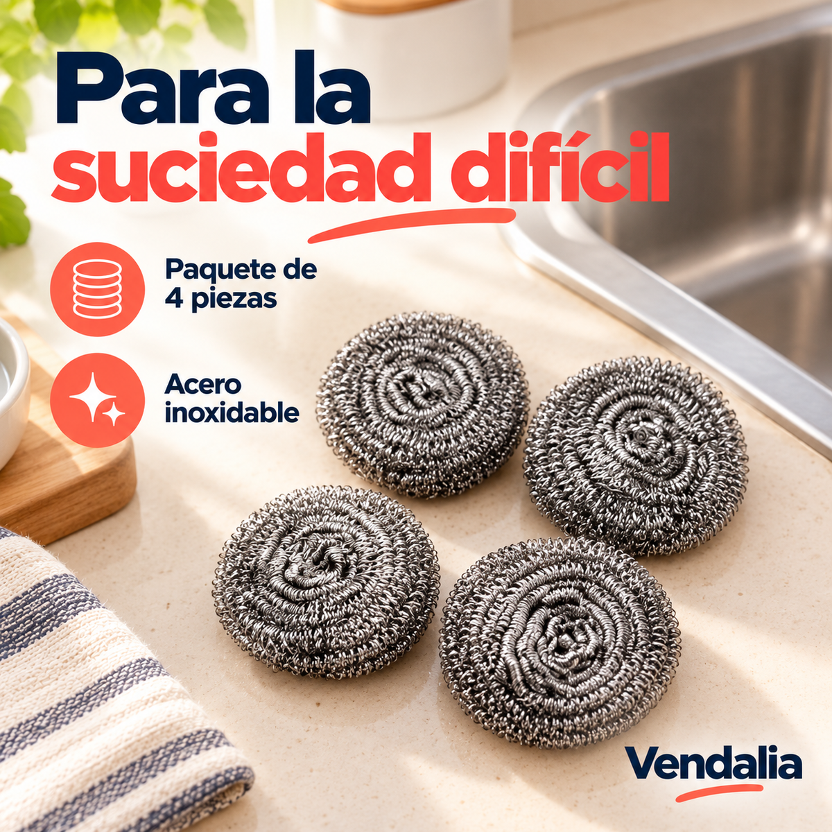 Esponjas metálicas de acero inoxidable · paquete de 4 piezas · Vendalia