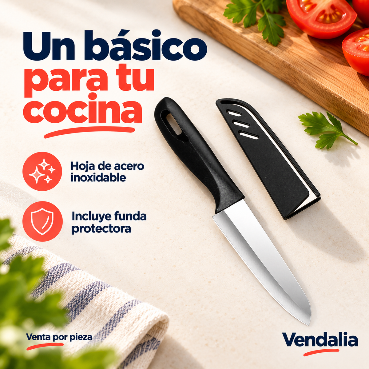 Cuchillo de cocina negro con funda protectora incluida · Vendalia