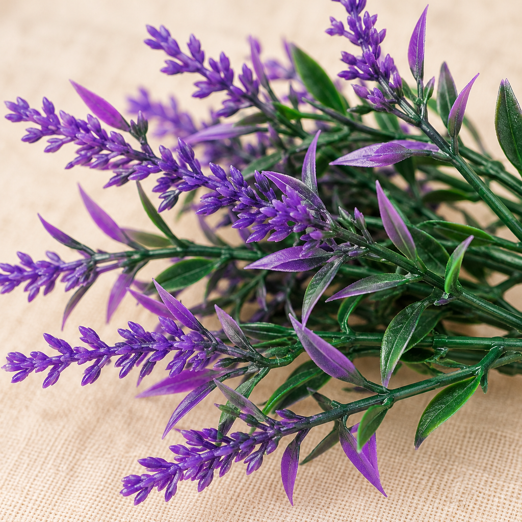 Detalle de las flores y hojas de lavanda artificial