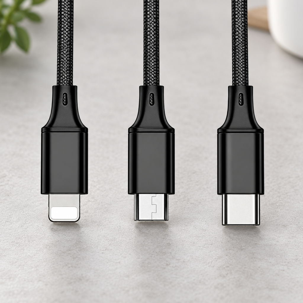 Detalle de las tres terminales del cable trenzado negro — Vendalia