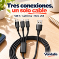 Cable trenzado negro con conectores USB-C, Lightning y Micro USB — Vendalia