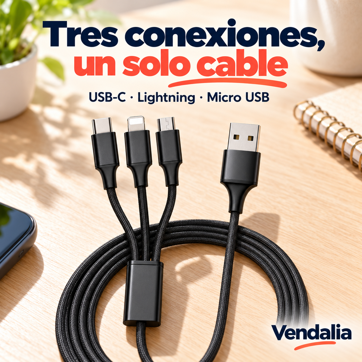 Cable trenzado negro con conectores USB-C, Lightning y Micro USB — Vendalia