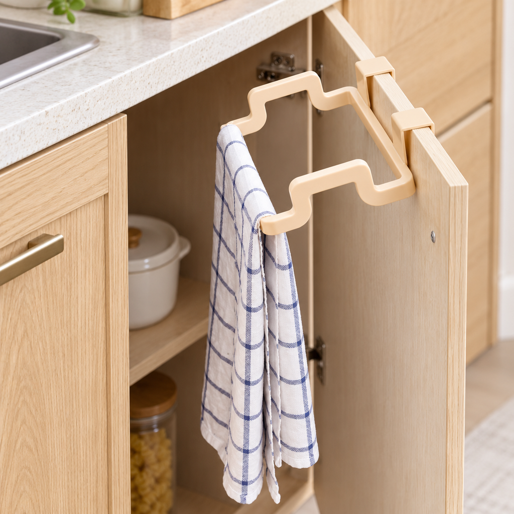 Porta bolsas o toallas de plástico beige, ejemplo de uso. Color enviado al azar; toalla no incluida. · SKU 47625