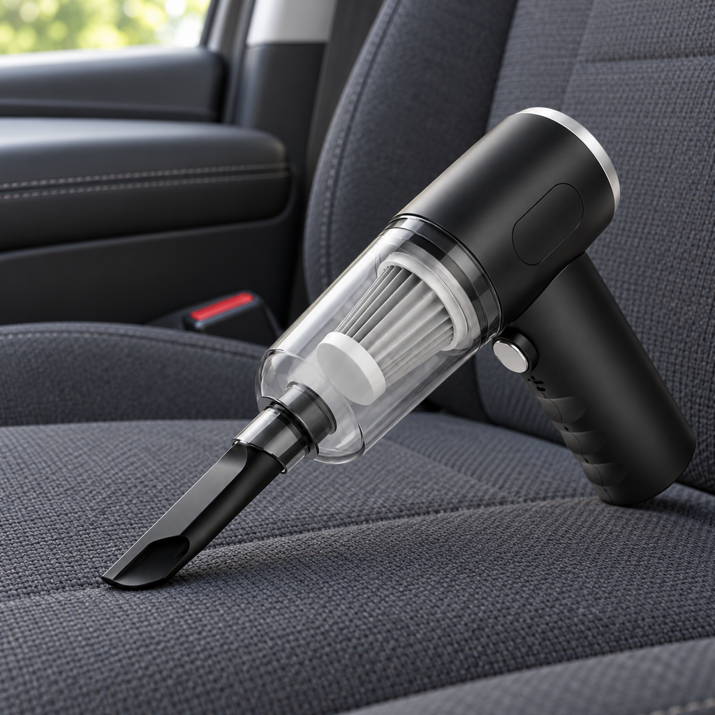 Mini Aspiradora Portátil USB Inalámbrica en ambiente de hogar — Vendalia. La fotografía muestra la aspiradora con la boquilla plana colocada; no muestra todos los accesorios.