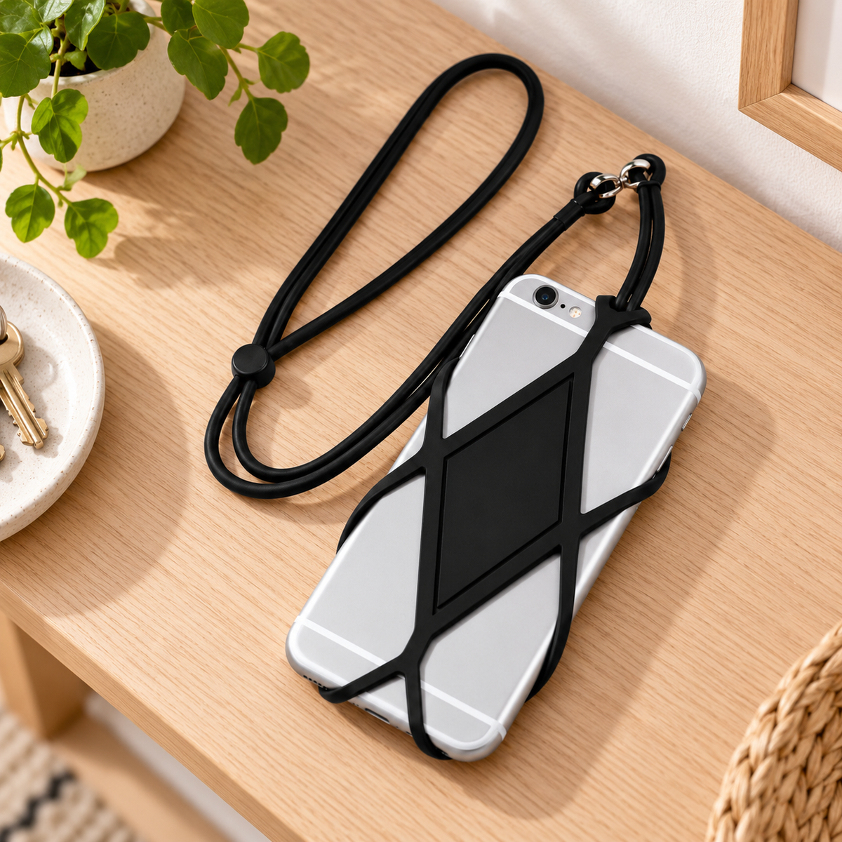 Porta Celular de Silicón en ambiente de hogar — Vendalia. El teléfono de la fotografía ilustra el uso del porta celular y no está incluido.
