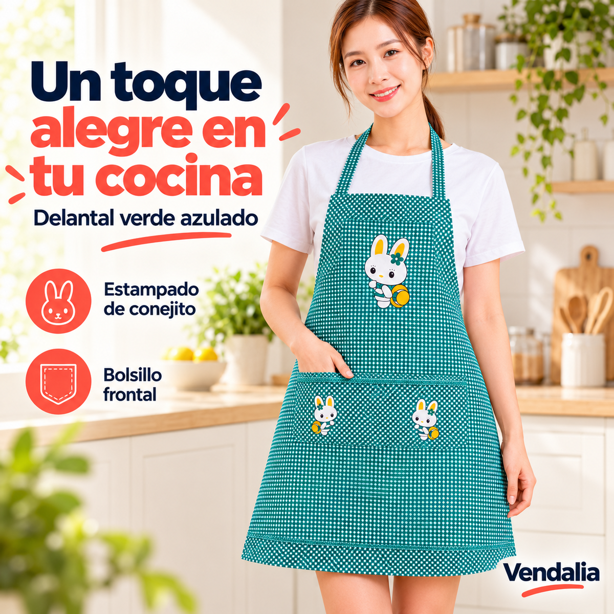 Delantal verde azulado con conejito — presentación Vendalia