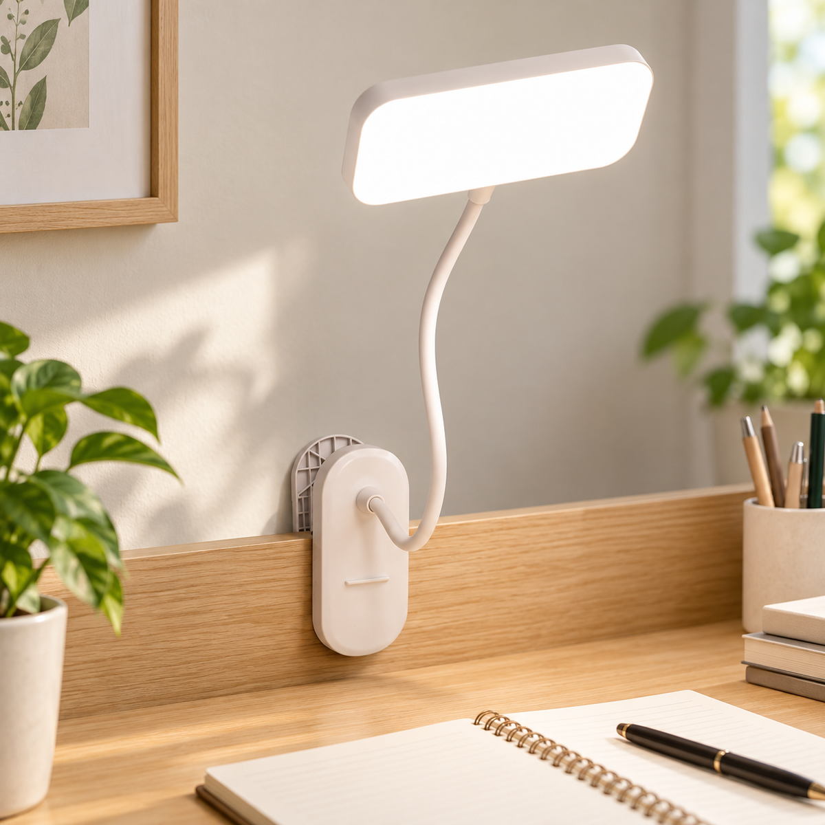 Lámpara LED de Escritorio con Clip y Cuello Flexible en ambiente de hogar — Vendalia