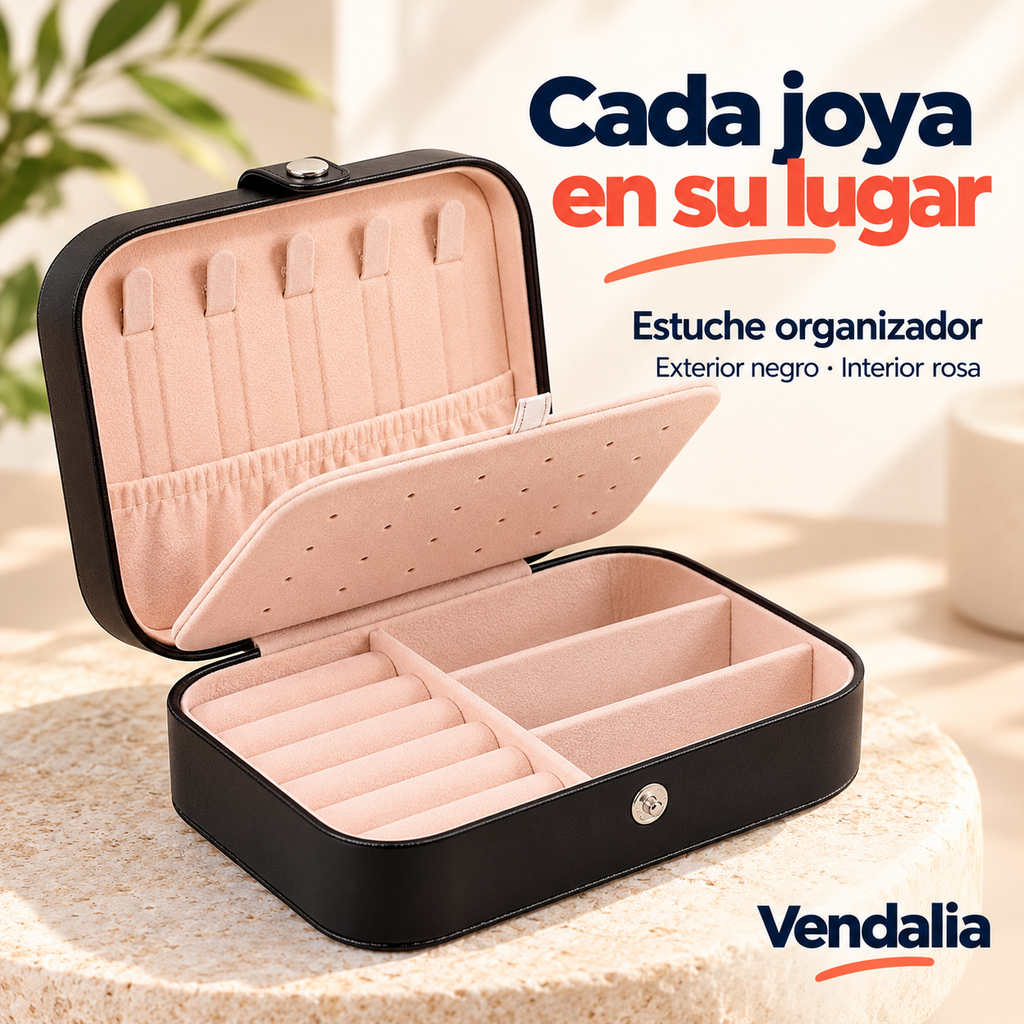 Estuche organizador negro con interior rosa — portada Vendalia