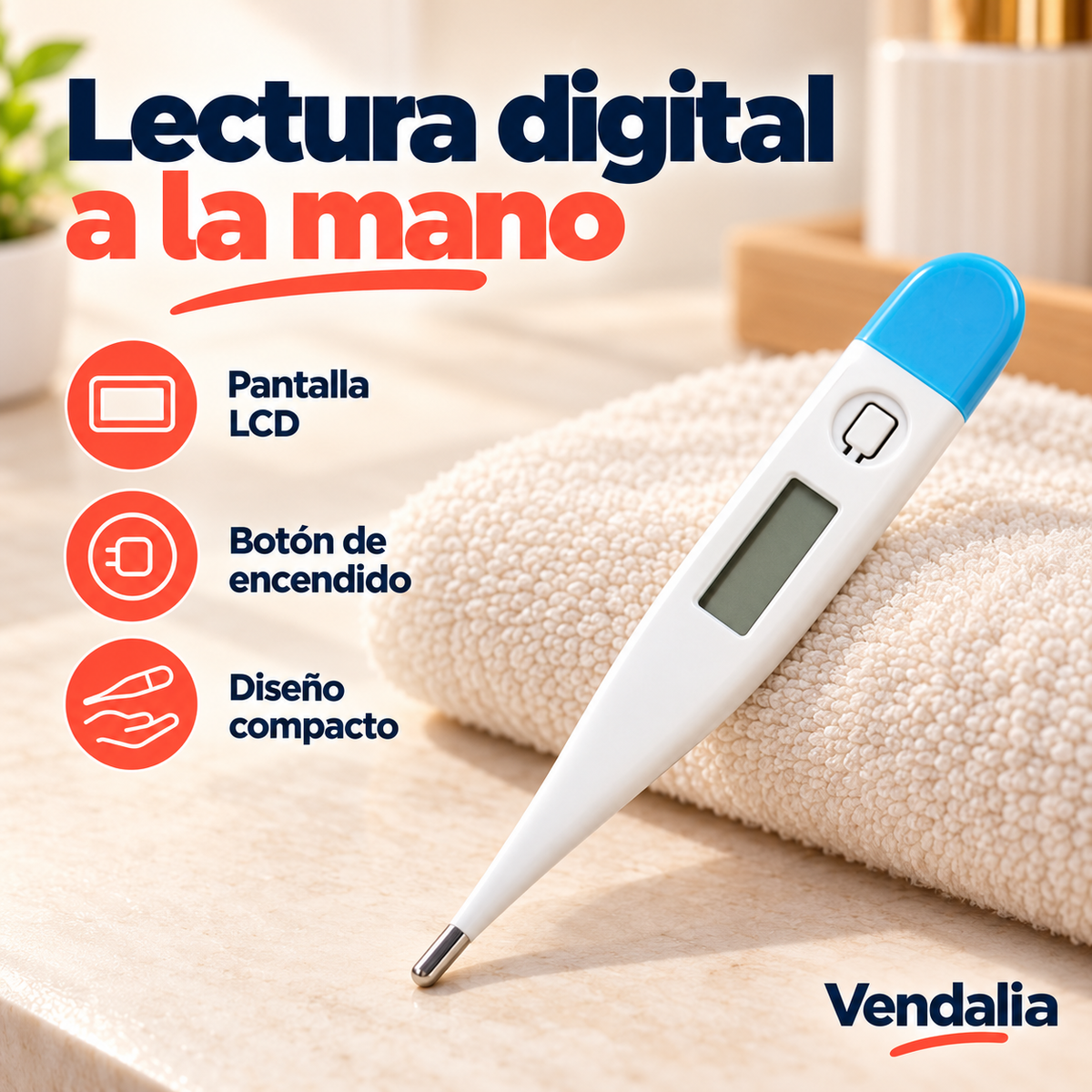 Termómetro digital blanco y azul — portada Vendalia