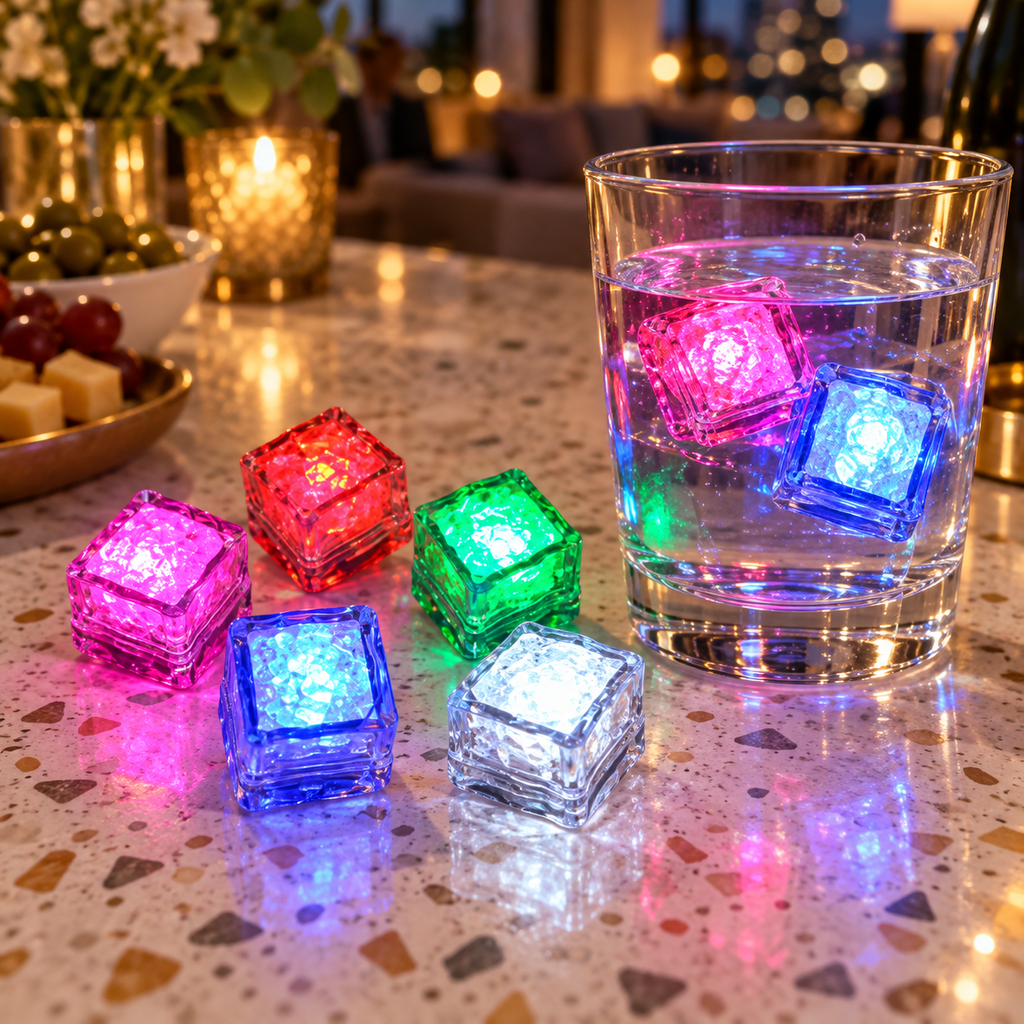 Cubos LED luminosos en mesa de celebración