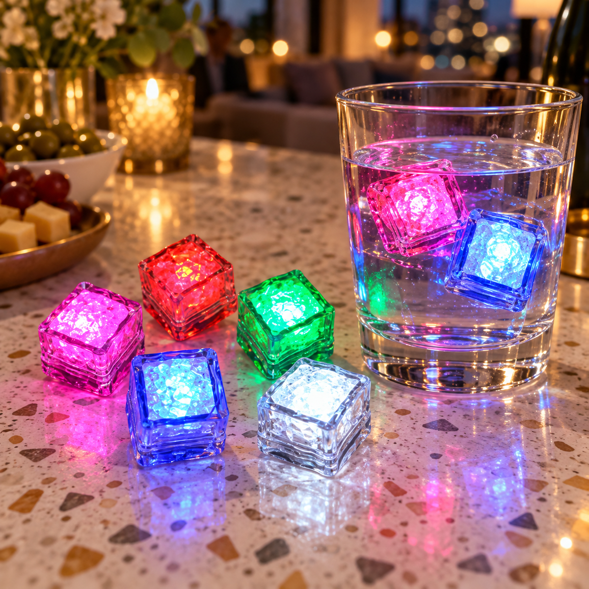 Cubos LED luminosos en mesa de celebración