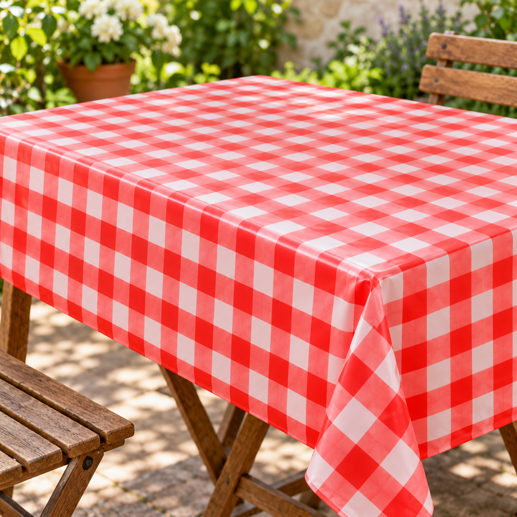 Mantel Estilo Picnic Cuadro Rojo 137x90 cm en ambiente de hogar — Vendalia. La fotografía muestra una sugerencia de uso del mantel. Muebles y objetos decorativos no incluidos.