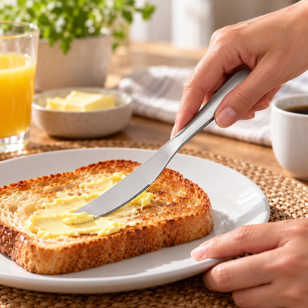 Cuchillo de mesa en uso; alimentos y plato no incluidos